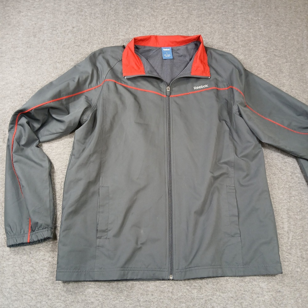 Reebok Mens Full Zip Track Jacket Grey Red Mesh Lined Windbreaker Large RN104141